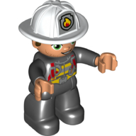 Деталь LEGO Duplo Figure, with Helmet, Black Legs, Black Jacket with Red Safety Harness, White Helmet with Silver Fire Badge, Green Eyes, Stubble (Firefighter), Черный