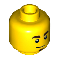 Деталь LEGO Minifig Head, Dark Brown Eyebrows and Soul Patch, Smirk / Frown Print, Желтый