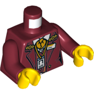 Деталь LEGO Torso Jacket, White Shirt, Orange Knotted Tie, ID Badge, Rail Road Logo Print, Dark Red Arms, Yellow Hands, Темно-красный