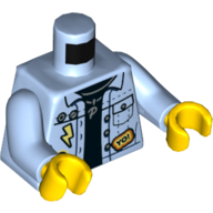 Деталь LEGO Torso Jacket, Denim, Black Shirt, Pendant 'P', Lightning Bolt, Basketball, and 'YO' Badges Print, Bright Light Blue Arms, Yellow Hands, Ярко-светло-голубой