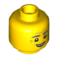 Деталь LEGO Minifig Head Dark Bluish Gray Eyebrows, Crows Feet, Open Mouth Smile, Желтый