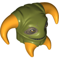 Деталь LEGO Minifig Head Modified Alien with 4 Bright Orange Horns, Dark Tan Eyes, Оливковый