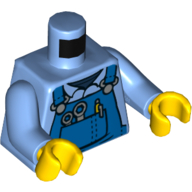 Деталь LEGO Torso Mechanic Blue Overalls, Tools in Pocket, Pen with Black Outline Print, Medium Blue Arms, Yellow Hands, Средне-голубой