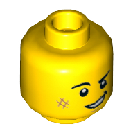 Деталь LEGO Minifig Head, Eyebrows, White Pupils, Cheek Scuff, Lopsided Grin Print, Желтый