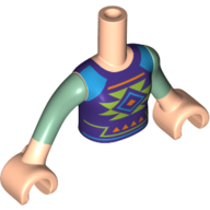 Деталь LEGO Minidoll Torso Girl with Dark Purple Top with Lime, Orange, and Medium Azure Shapes Print, Sand Green Arms and Light Flesh Hands, Светлый телесный