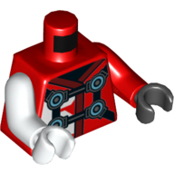 Деталь LEGO Torso, Odd Arms and Hands, Robe with Dark Red Trim, Black Straps with Azure Circles Print, Left Red Arm and Black Hand, Right White Arm and Hand, Красный