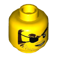 Деталь LEGO Minifig Head Snake Rattler, Eyepatch, Brown Eyebrows, Sideburns, Stubble, Open White Mouth Print, Желтый