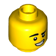 Деталь LEGO Minifig Head Slick Salesman, Lowered Left Eyebrow, Lopsided Grin Print, Желтый