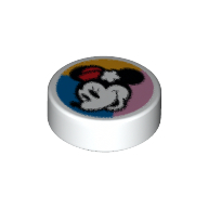 Деталь LEGO Tile Round 1 x 1 with Minnie Mouse on Dark Turquoise/Blue/Bright Light Orange Background print, Белый