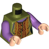 Деталь LEGO Torso Vest with Dark Red, Dark Orange, and Gold Decorations, over Medium Lavender Undershirt Print, Medium Lavender Arms, Light Flesh Hands, Оливковый