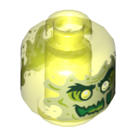 Деталь LEGO Minifig Head, with Yellowish Green Face, Glass Eye, Evil Grin, Flames in Back Print, Прозрачный неоново-зеленый