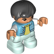 Деталь LEGO Duplo Figure Child, Hair Combed Forward with Curl Black, Light Aqua Legs, Bright Light Yellow Under Shirt, Jacket Print, Средне-лазурный