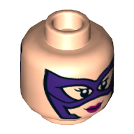 Деталь LEGO Minifig Head Huntress, Purple Eyemask, Magenta Lips, Smile / Angry Print, Светлый телесный
