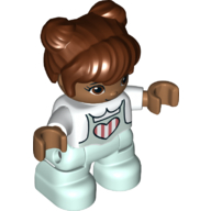 Деталь LEGO Duplo Figure Child with Two Buns on Top and Long Bangs Reddish Brown, with Light Aqua Legs, Pink and White Strips In Heart on Shirt Print, Белый