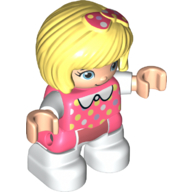 Деталь LEGO Duplo Figure Child with Bow on Short Bob Hair Bright Light Yellow, with White Legs, White Collar, and Colored Spots Print, Коралловый