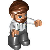 Деталь LEGO Duplo Figure with Hair Swept Right with Beard Reddish Brown, with Black Legs, Suspenders Print, Белый