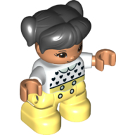 Деталь LEGO Duplo Figure Child with Ponytails and Bangs Black, with Bright Light Yellow Legs, Black Heart, Light Green Collar Print, Белый