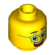 Деталь LEGO Minifig Head Birthday Boy, Green Star Glasses, Big Smile with Tongue and Teeth Print, Желтый
