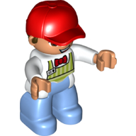 Деталь LEGO Duplo Figure with Cap Red, with Bright Light Blue Legs, Lime Apron, Red Bowtie Print, Белый