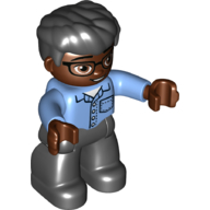 Деталь LEGO Duplo Figure with Thick Hair Combed Forward Black, with Black Legs, Shirt with Buttons and Pocket Print, Средне-голубой