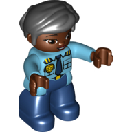 Деталь LEGO Duplo Figure with Thick Short Hair Combed over Forehead Black, with Dark Blue Legs, Shirt with Gold Police Badge and Dark Blue Tie Print, Средне-лазурный