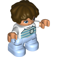 Деталь LEGO Duplo Figure Child with Short Wavy Hair Dark Brown, with Bright Light Blue Legs, Shirt with Azure and Aqua Stripes and Pocket Print, Белый
