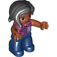 Деталь LEGO Duplo Figure with Long Hair Section in Front Black, with Brown Eyes, Dark Blue Legs, Magenta Shirt with Pockets, Buttons, and Collar with Blue Flower Print, Пурпурный