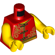 Деталь LEGO Torso Tunic with Gold Clasps  and Sash Belt, with Ornate Gold Decorations Print, Yellow Arms and Hands, Красный