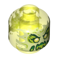 Деталь LEGO Minifig Head Ghost, Yellowish Green Face, Slime Mouth, Raised Eyebrows, Flames in Back [Hollow Stud], Прозрачный неоново-зеленый