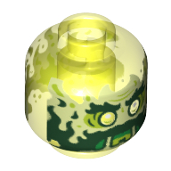 Деталь LEGO Minifig Head Ghost, with Yellowish Green Face, Beard, Sideburns, Slime Mouth and Flames in Back Print, Прозрачный неоново-зеленый