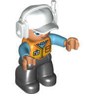 Деталь LEGO Duplo Figure with Headset and Cap White, with Medium Azure Arms, Orange Safety Vest, and Black Legs, Оранжевый