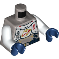 Деталь LEGO Torso Astronaut Space Suit, White Chestplate with Classic Space Logo, Dark Blue Straps Print, White Arms, Dark Blue Hands, Матовый серебристый
