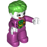 Деталь LEGO Duplo Figure with Thick Hair Combed Forward, Magenta Legs and Arms, White Hands, with White Clown Face and Green Bow on Chest Print (Joker), Пурпурный