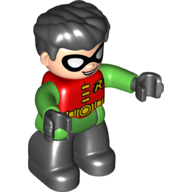 Деталь LEGO Duplo Figure with Thick Hair Combed Forward, with Black Legs and Hands, Bright Green Arms, and Robin Logo Print, Красный