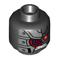 Деталь LEGO Minifig Head Nindroid, Dark Purple Lines, Red Eye, Gritted Teeth, Silver Armored Right Side Print, Черный