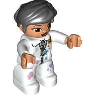 Деталь LEGO Duplo Figure with Thick Short Hair Combed over Forehead Black, White Jumpsuit with Paint Splotches, Белый