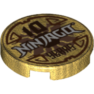 Деталь LEGO Tile Round 2 x 2 with Bottom Stud Holder with 'Ninjago 10 Years' Print, Жемчужно-золотой