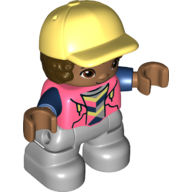 Деталь LEGO Duplo Figure Child with Hair and Cap Bright Light Yellow, Light Bluish Gray Legs, Hoodie Print, Коралловый