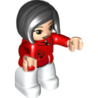 Деталь LEGO Duplo Figure with Straight Hair with Left Parting Black, White Legs, Collar and Flower Print, Красный