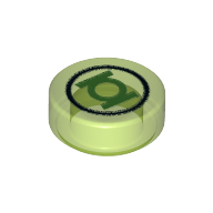 Деталь LEGO Tile Round 1 x 1 Black Circle and Bright Green Lantern Symbol, Прозрачный ярко-зеленый