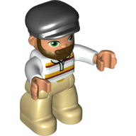 Деталь LEGO Duplo Figure with Cap Black, with Beard, Tan Legs, Red and Yellow Striped Shirt Print, Белый