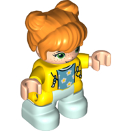 Деталь LEGO Duplo Figure Child with Two Buns on Top and Long Bangs Orange, with Light Aqua Legs, Hoodie over Azure Shirt with Stars Print, Желтый