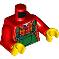 Деталь LEGO Torso Plaid Shirt with Green Overalls Print, Red Arms, Yellow Hands, Красный