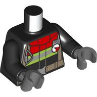 Деталь LEGO Torso Fire Jacket with Dark Red Collar and Reflective Stripes / Fire Logo on Back Print, Black Arms, Dark Bluish Gray Hands, Черный