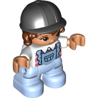 Деталь LEGO Duplo Figure Child with Hair and Riding Helmet Black, Bright Light Blue Legs, Frilly Shirt Print, Белый