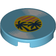 Деталь LEGO Tile Round 2 x 2 with Bottom Stud Holder and Record with Palm Trees Print, Средне-лазурный