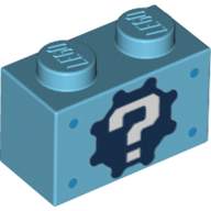 Деталь LEGO Brick 1 x 2 with '?' on Gear Background and Blue Spots Print, Средне-лазурный