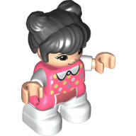 Duplo Figure Child with Two Buns on Top and Long Bangs Black, with White Legs, Dress with Spots and White Collar Print