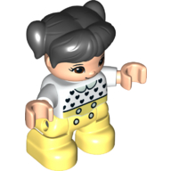 Деталь LEGO Duplo Figure Child with Ponytails and Bangs Black, with Light Flesh Face and Hands, Bright Light Yellow Legs, Black Heart, Light Green Collar Print, Белый