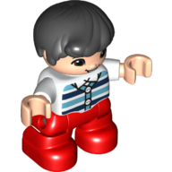 Деталь LEGO Duplo Figure Child, Hair Combed Forward with Curl Black, Dark Blue and Azure Striped Shirt, Red Legs, Белый